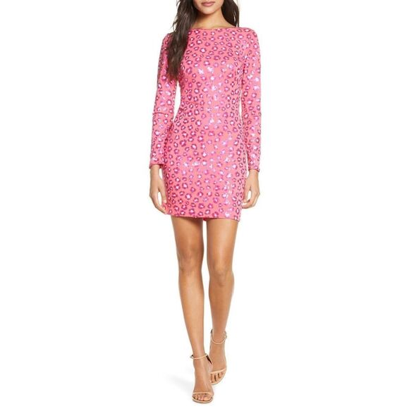 SHO x Tadashi Shoji Sz XL Pink Animal Print L/S Sequin Cocktail Sheath Dress - Picture 1 of 12